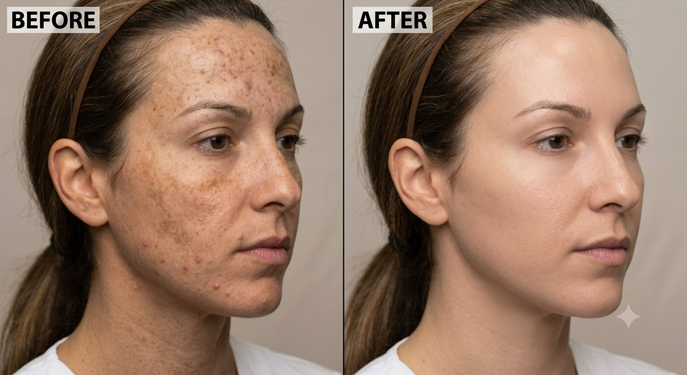 Before and after comparison on realistic Indian skin tone, dull and uneven becoming naturally bright and luminous