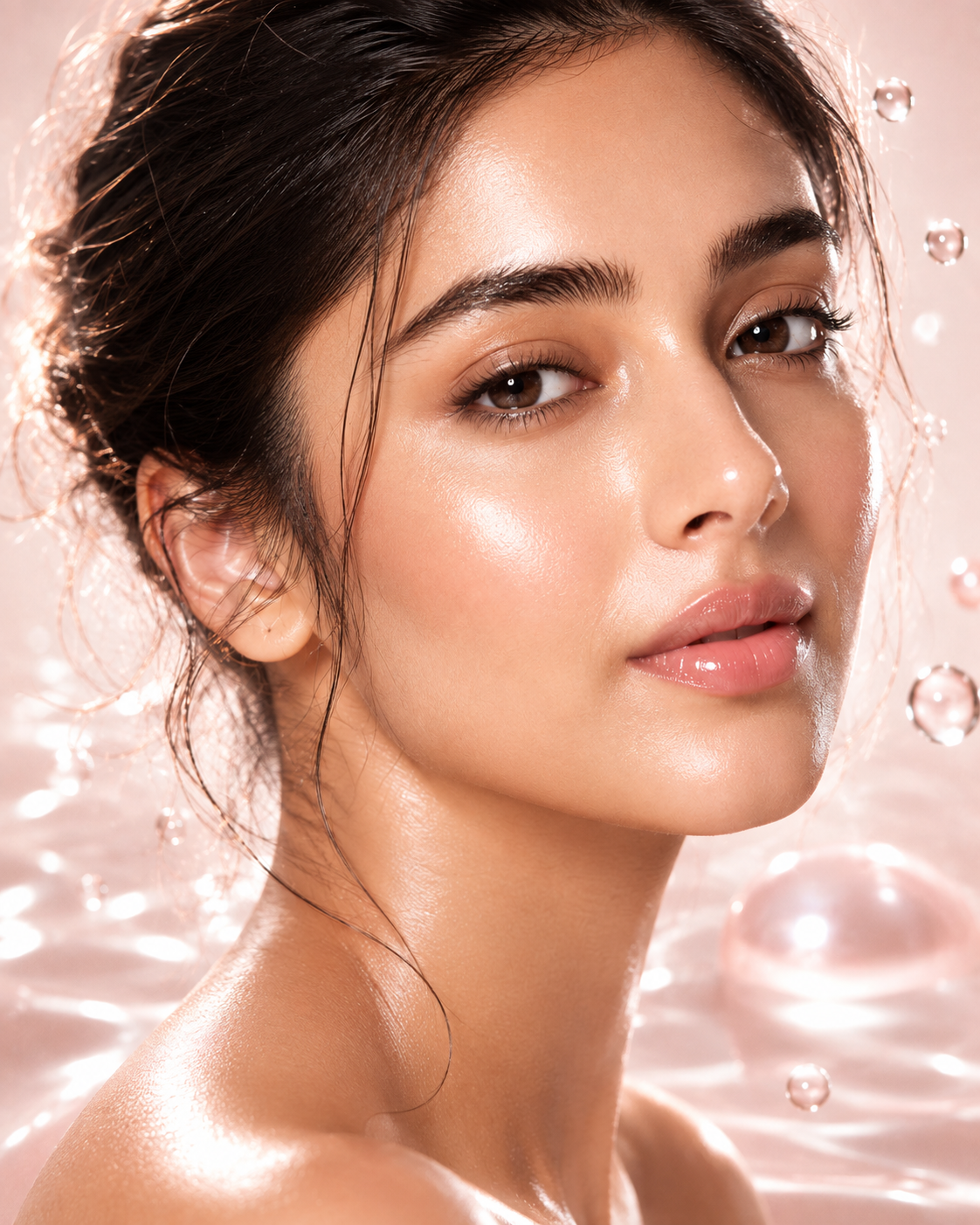 Close-up of a model's glowing cheek with a clear drop of serum on her skin