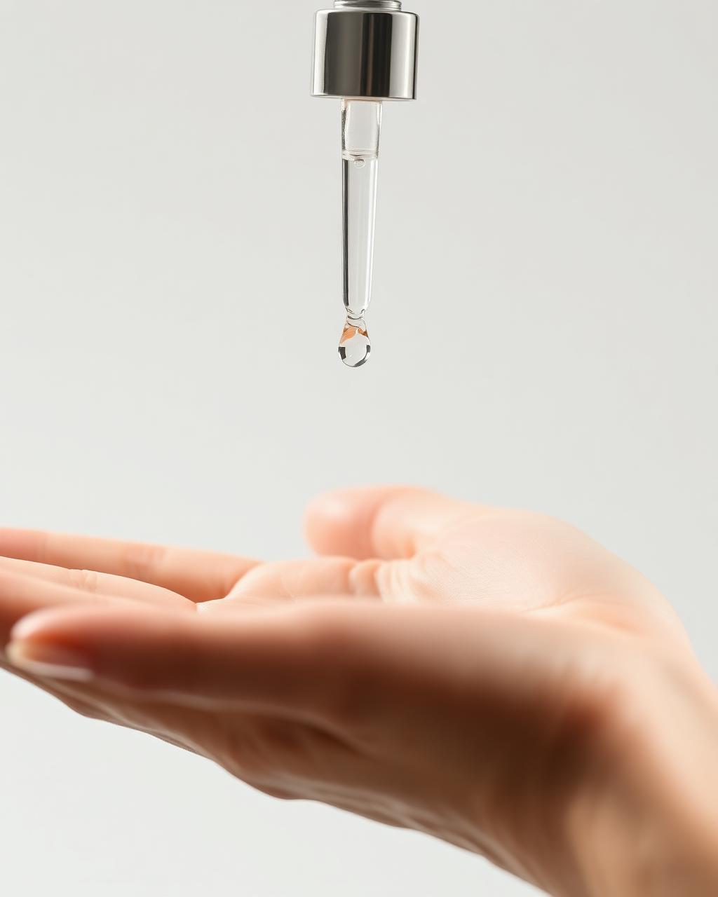 A crystal-clear serum drop falling from a glass dropper onto an open palm