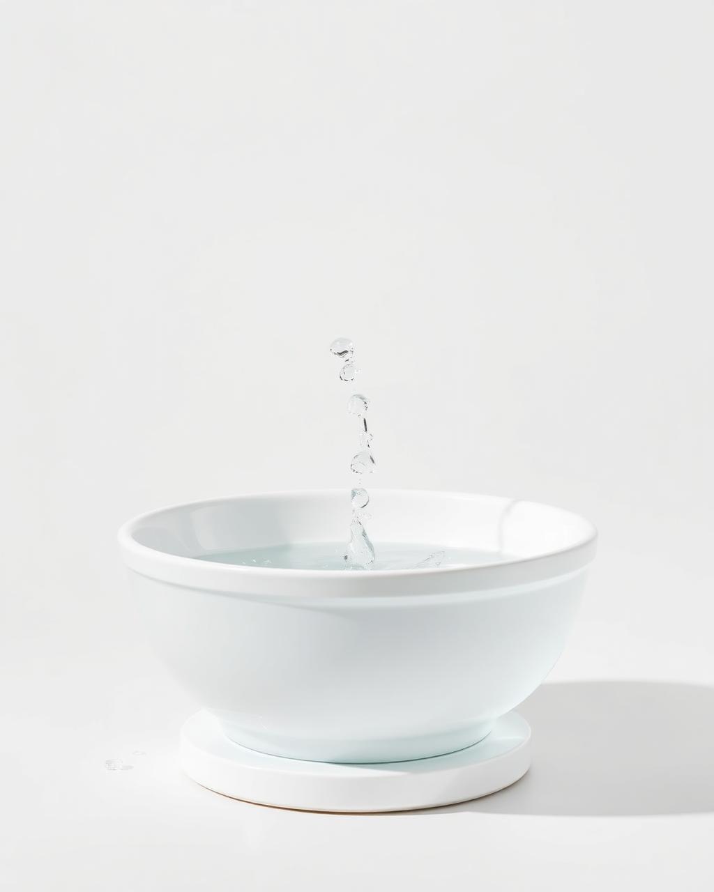 Crystal clear water droplets splashing into a white ceramic basin